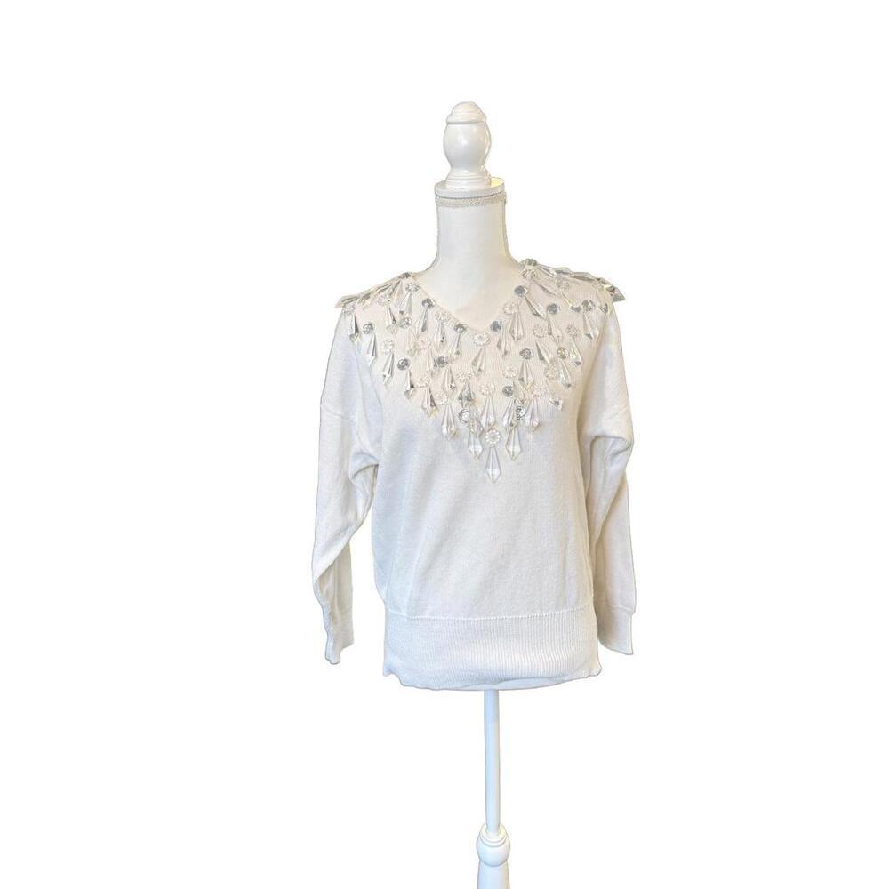 Bonnie Boerer Vintage White Knit V Neck Sweater w/ Crystal Ornaments, Small